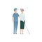 Vector blind character people flat illustration. Medical worker in uniform walking with old woman with glasses and cane isolated