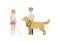 Vector blind character people flat illustration. A pair of kid in glasses with stick and guide dog standing isolated on white