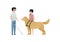 Vector blind character people flat illustration. A pair of kid in glasses with stick and guide dog standing isolated on white.