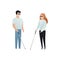 Vector blind character people flat illustration. A pair of man and woman in glasses with cane standing isolated on white