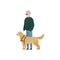 Vector blind character people flat illustration. Pair of senior man and guide dog stand isolated on white background. Modern