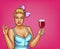 Vector blonde overweight woman holds glass of wine