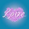 Vector blooming lilac heart with romantic Love text on gradient blue background