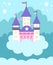 Vector blue abstract background with unicorn castle, clouds, stars. Magic or fantasy world scene with place for text. Cute