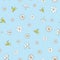 Vector blue background white yellow lemony floral seamless pattern. Daisies, Lilies. Seamless pattern background