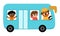 Vector blue bus with driver and passengers. Funny autobus for kids with cute boy and girl. Cute vehicle clip art. Public transport