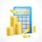 Vector Blue Calculator and stacks of golden coins