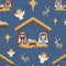 Vector Blue Christmas Nativity Scene Seamless Pattern Background