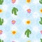 Vector blue cute spaced out simple cactus and daisy flowers seamless repeat pattern with floral background. Suitable for