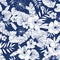 Vector blue drawing tropical summer hawaiian seamless pattern with tropical plants, leaves, and hibiscus flowers. Great