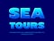 Vector blue Emblem Sea Tours. Creative Glossy Font. Bright Bold Alphabet Letters and Numbers set