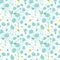 Vector blue green blooming trees and flying butterflies seamless repeat pattern