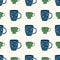 Vector Blue Green Cups Mugs on Cream Seamless Repeat Pattern