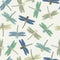Vector Blue Green Gold Brown Dragonflies on Beige Seamless Repeat Pattern