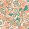 Vector blue green and orange seamless abstract pattern background with butterflies and flower shapes