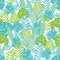 Vector blue green tropical leaves summer hawaiian seamless pattern with tropical plants and leaves on navy blue