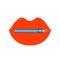 Vector blue lock zipper icon on top of a silhouette of red female lips. The concept of female secrecy, silence. Isolated on white