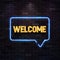 Vector blue neon sign with welcome golden text on dark brick wall. Isolated design element