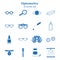 Vector blue optometry icon set. Optician, ophtalmology, vision correction, eye test, eye care, eye diagnostic