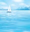 Vector blue sea scape with yacht.