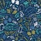 Vector blue seamless doodle sketch pattern with objects for trekking and hiking on blue background. Suitable for textile