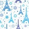 Vector Blue White Eifel Tower Paris and Snowflakes Seamless Repeat Pattern. Perfect for holiday travel themed postcards
