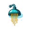 Vector of a blue and yellow shower head with water droplets