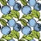 Vector Blueberry green and blue engraved ink art. Berries and green leaves. Seamless background pattern.