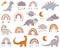 Vector boho clipart for nursery decoration with cute dinosaur, rainbows, moon, cloud, stars. Modern illustration. Perfect for baby