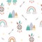 Vector boho ornament. Bohemian seamless pattern with stars, arrows, mountains, dreamcatcher and rainbow. Wild and free repeating