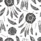 Vector boho seamless pattern. Hand drawn dream catcher, bird feather, arrows background.