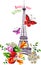 Vector bonjour eiffel tower with roses and butterflies