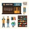 Vector bookstore set design, shop store, package, t-shirt, cap,