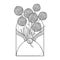 Vector bouquet with outline ball of craspedia or billy buttons dried flower in open craft envelope in black isolated on white.