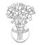 Vector bouquet of outline California poppy flower or California sunlight or Eschscholzia, leaf and bud in black round vase.