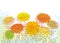 Vector bouquet of outline Dahlia or Dalia flower and ornate leaf in pastel orange and yellow on the white background.