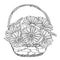 Vector bouquet of outline Gerbera or Gerber flower and leaf in wicker basket in black isolated on white background.