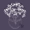 Vector bouquet of outline Gypsophila or Baby`s breath flower bunch and bud in transparent round vase in white on the dark purple.