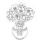 Vector bouquet with outline Hellebore or Helleborus or Winter rose, bud and leaf in round vase in black isolated on white.