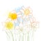 Vector bouquet with outline narcissus or daffodil flowers and leaves in pastel yellow and blue isolated on white background.