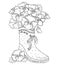 Vector bouquet with outline Pansy or Heartsease flower, ornate leaves and bud in black in the rubber boot isolated on white.