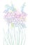 Vector bouquet of outline tropical Polianthes or Tuberose flower bunch with bud and leaf in pastel pink and blue isolated.