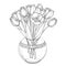 Vector bouquet with outline tulip flowers, bud and ornate leaves in transparency round vase in black isolated on white background.