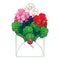 Vector bouquet with outline white, pink and red Geranium or Cranesbills flower bunch and ornate leaf in open envelope isolated.