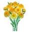 Vector bouquet with outline yellow Aster flower, ornate green foliage and bud isolated on white background. Contour Aster in bloom