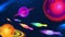 Vector bowling space cosmic ball and pin, abstract planet, galaxy, star, background bowling illustration