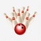 Vector bowling strike. Skittles and ball isolated on transparent background