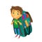Vector boy with big school bag stands smiling