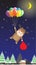 Vector Boy in Reindeer costume holding Colorful Balloon in Night Sky