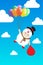 Vector Boy in Snowman costume holding Colorful Balloon in Day Blue Sky